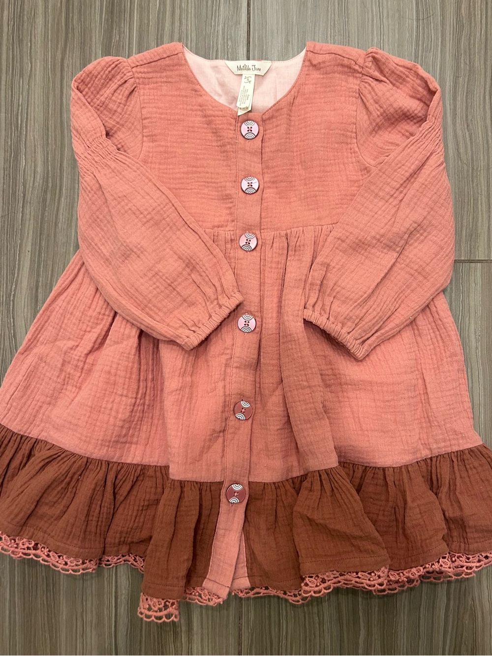 Matilda Jane Blush Pink Muslin Button-Front Dress with Brown Ruffle